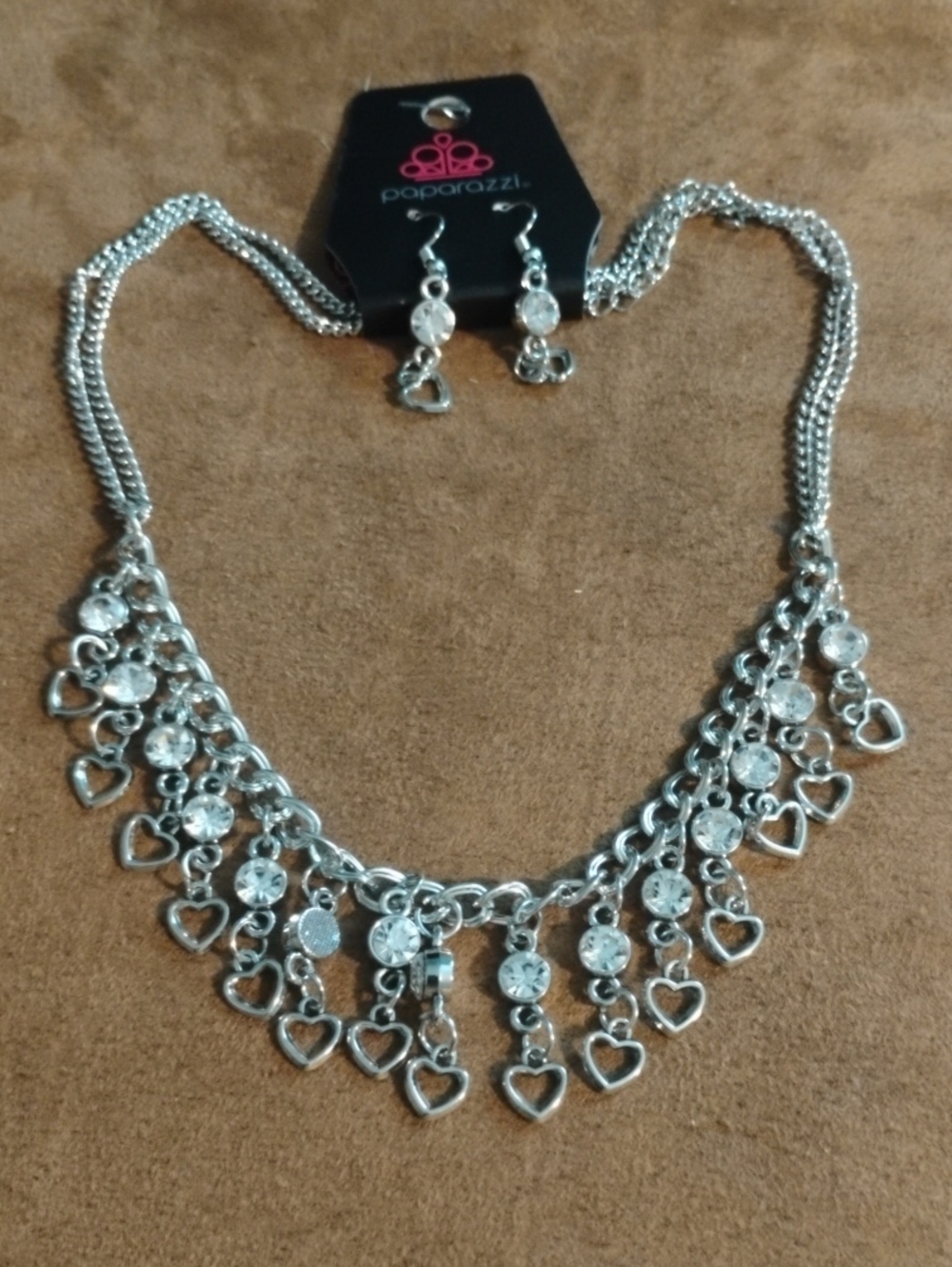 paparazzi Silver Heart Charm & Crystal Fringe Necklace Set